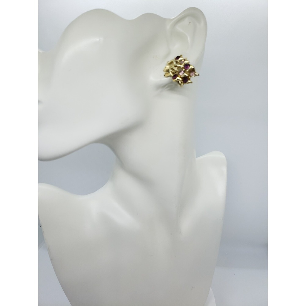 Vintage Caro Signed Floral Gold Tone Rhinestones Clip On Metal Earrings Jewelry